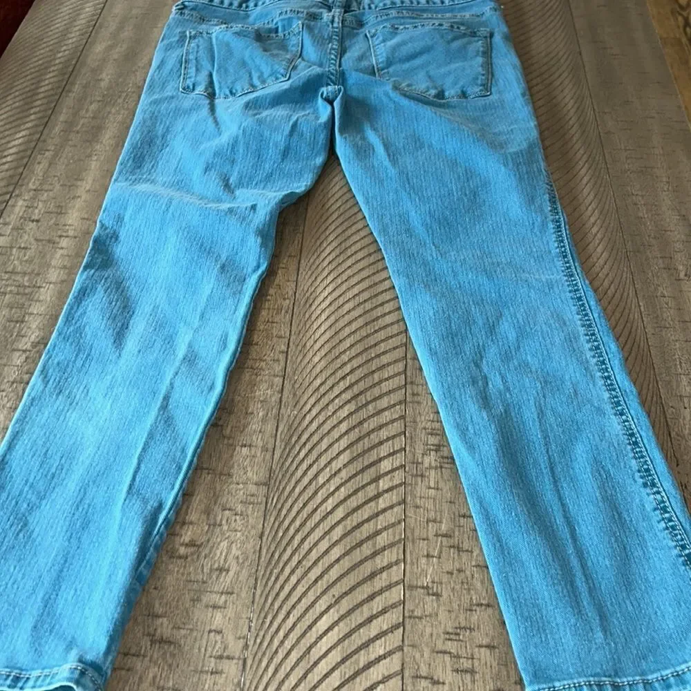 🌞 Free 🇺🇸 People Lagoon Blue Cropped 5 Pocket Denim Jeans 👖 Pull Up Straps!